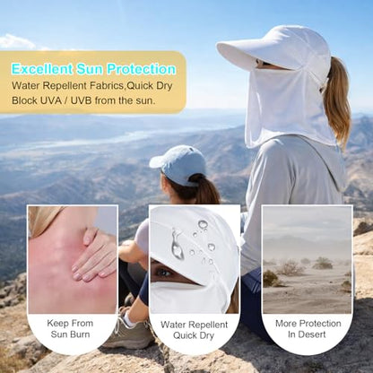 Women Wide Brim Face Mask Sun Hat Detachable Neck Face Flap Ponytail UV Protection Visor Hat Garden Fishing Hiking - color: Bg8094-baise