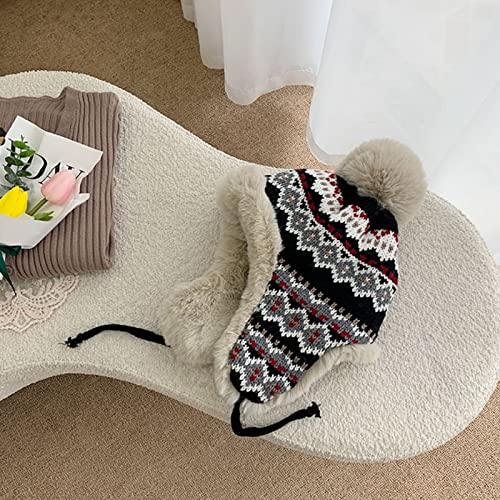 Women Winter Beanie Hat Thick Fleece Lined Warm Earflap Trapper Hat Pom Pom Jacquard Knited Outdoor Ski Snow Cap - color: Black