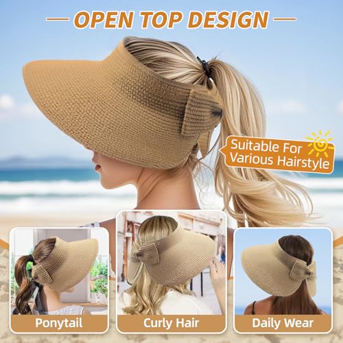 Sun Hats for Women Wide Brim Straw Sun Visors Ponytail Hat - color: Khaki
