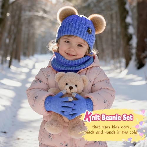 Kids Winter Hat Gloves Scarf Set Girls, Children Beanies Hats with Pom Pom - color: Sapphire Blue Mix