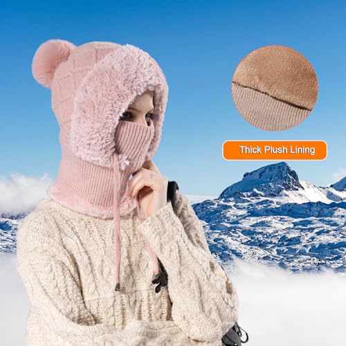 HUAMULAN Women Cable Knit Balaclavas Winter Fleece Lined Beanie Hat - color: Pink With String