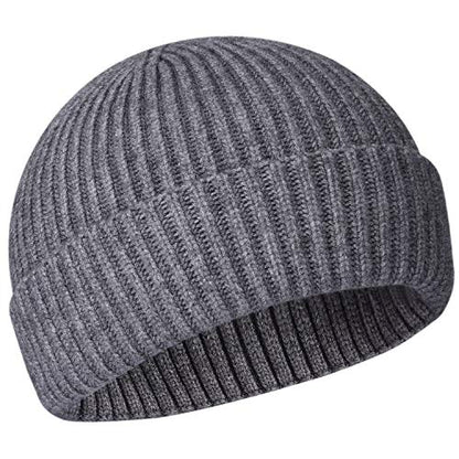 vidsel Wool Knit Cuff Short Fisherman Beanie for Men Women, Winter Warm Hat - color: Grey