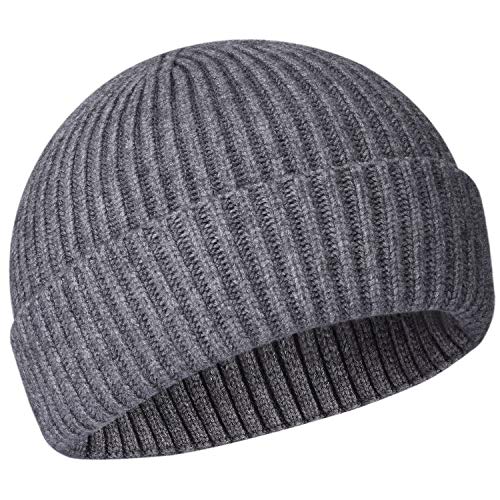 vidsel Wool Knit Cuff Short Fisherman Beanie for Men Women, Winter Warm Hat - color: Grey