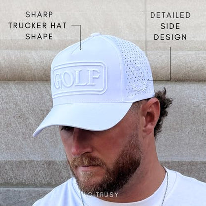 CITRUSY Athletic Trucker Golf Hat | Performance Mens 5 Panel Cap | Cool Breathable Waterproof Workout Running Snapback - color: Golf | White