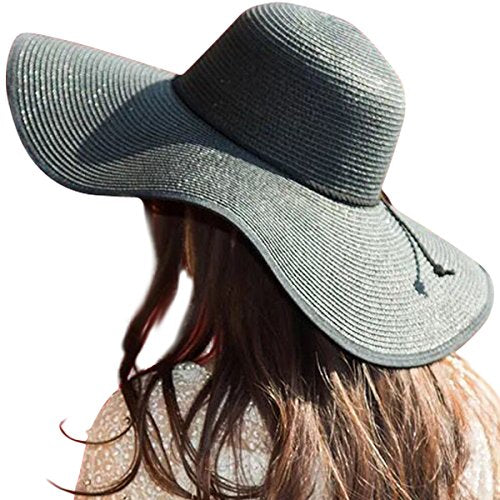 Lanzom Womens Wide Brim Straw Hat Big Floppy Foldable Roll up Cap Beach Sun Hat UPF 50+ - color: Twine-black