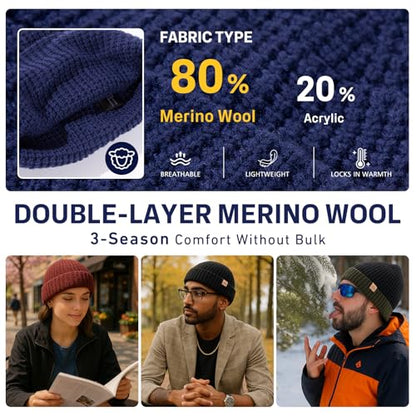 PolarWool™ L/XL/XXL Merino Wool Waffle Fisherman Beanie Watch Cap Dual-Layer 2 Styles Warm Winter Knit Hat for Men Women - color: Burgundy(ember), size: X-Large-XX-Large