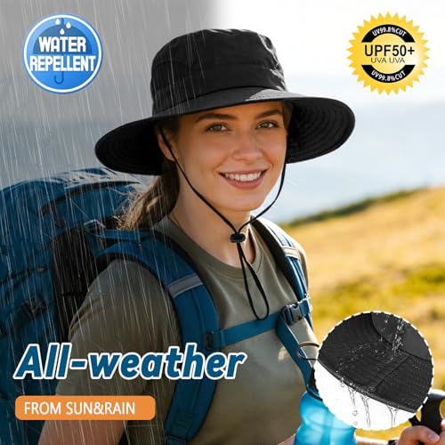 ZOORON Sun Hats for Men Women, Wide Brim Safari Hats UV Protection UPF50+ Waterproof Boonie Hats for Fishing Hiking Camping - color: With One Pair Cooling Sleeves-1pack-black
