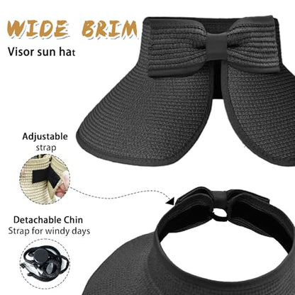 Women's Sun Visor Hats Wide Brim Straw Beach Hat Ponytail Hats for Women Foldable Floppy - color: 1pack-black-diyblack