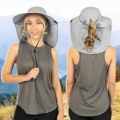 SUN CUBE Wide Brim Sun Hat with Neck Flap for Men Women, UPF50+ Fishing - color: Light Grey With Bow