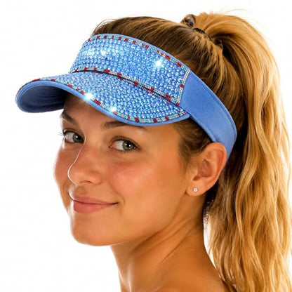 Shiny Women's Bling Rhinestone Visor Sun Protection for Tennis Golf Beach - color: Lightblueabcolorf