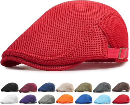 Initlove Mens Mesh Newsboy Cap Breathable Beret Ivy Hat Cabbie Driving Hats for Women - color: Red
