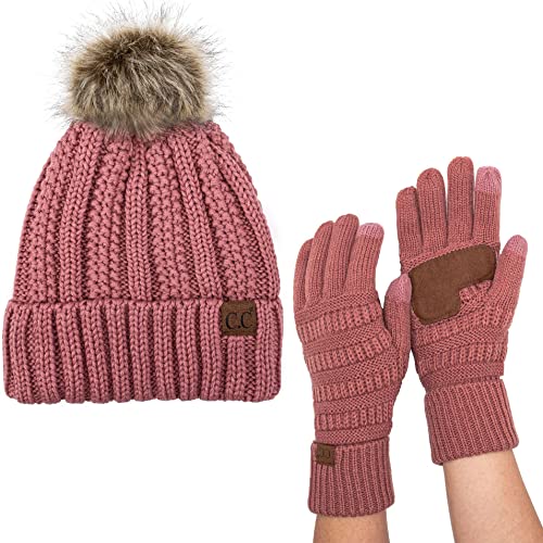C.C Pom Cable Knit Beanie and Glove Set - color: Mauve