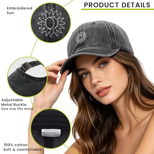 Plam Trees Hats Embroidered Washed Cotton Baseball Cap for Men Women Distressed Black Snapback Baseball Hat Adjustable - color: Sun