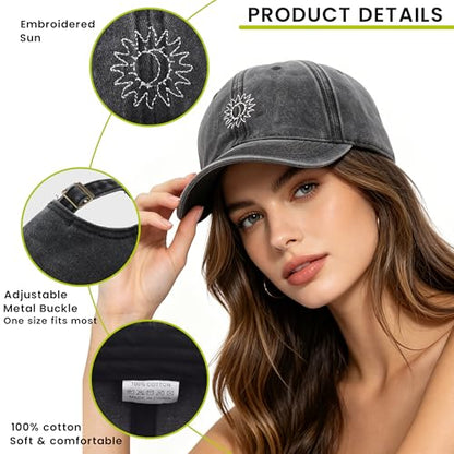 Plam Trees Hats Embroidered Washed Cotton Baseball Cap for Men Women Distressed Black Snapback Baseball Hat Adjustable - color: Sun