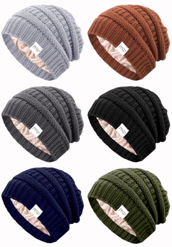 FEQO 6 Pack Satin Lined Beanies Slouchy Beanie Oversized Cable Knit Caps - color: Black, Dark Gray, Light Grey, Khaki, Army, Navy