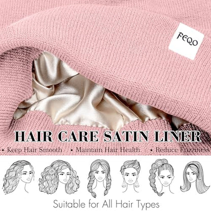 FEQO 4 Pack Satin Lined Winter Beanie Hats Soft Silk Lined Beanies - color: Black, Blush Pink, Light Grey, Beige