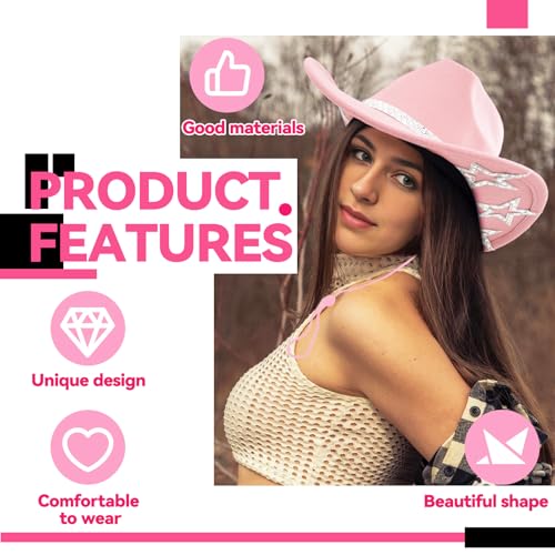 SHENYI Cowgirl Hat and Bandana and Heart Sunglasses Glitter Rhinestone Star Cowboy Hat Western Sparkly Hats for Women Men - color: Cowgirl Pink