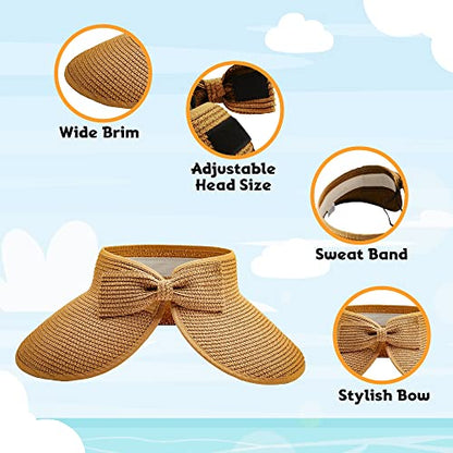 Straw Sun Visor for Women, Wide Brim UPF 50+ Protection Beach Hat, Adjustable, Roll Up Foldable Ponytail Cap with Chin Strap - color: Khaki