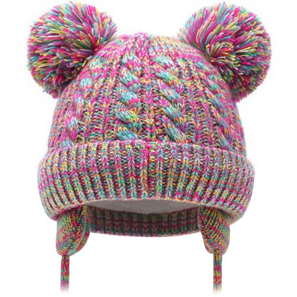 Duoyeree Toddler Winter Hat, Earflap Double Pom Pom Knit Beanie 0-36M - color: Rainbow, size: 0-6 Months