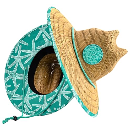 grinderPUNCH Straw Sun Hat for Men Women Wide Brim Beach Fishing UPF 50 - color: Teal Starfish