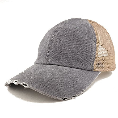 Trendy Apparel Shop Pigment Dyed Front Mesh Back Frayed Bill Trucker Cap - color: Grey