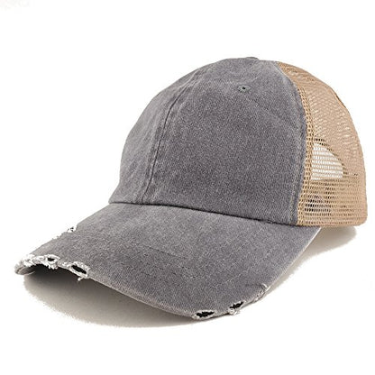 Trendy Apparel Shop Pigment Dyed Front Mesh Back Frayed Bill Trucker Cap - color: Grey