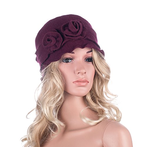 Womens Gatsby 1920s Winter Wool Cap Beret Beanie Crochet Bucket Flower Hat A285 - color: Wine