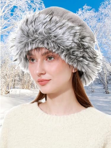 sy soul young Women's Leopard Faux Fur Hats Fluffy Bucket Hat Russian Style - color: Gray and Black Tips