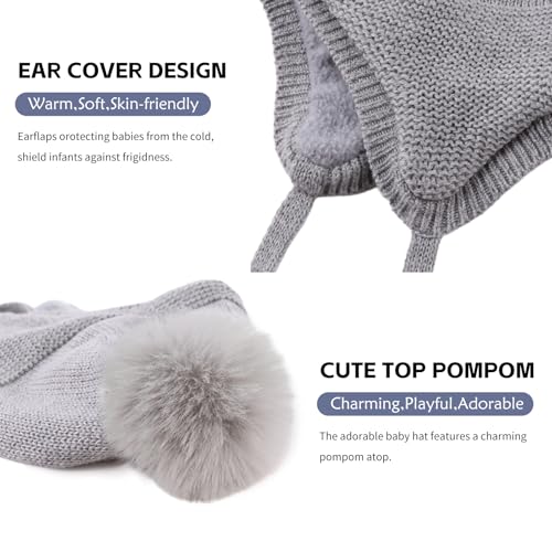 JANGANNSA Basic Winter Baby Boy Beanie Pompom Knit Girl Hat Kid Earflap Cap - color: Gray Pompom Hat, size: 6-24 Months