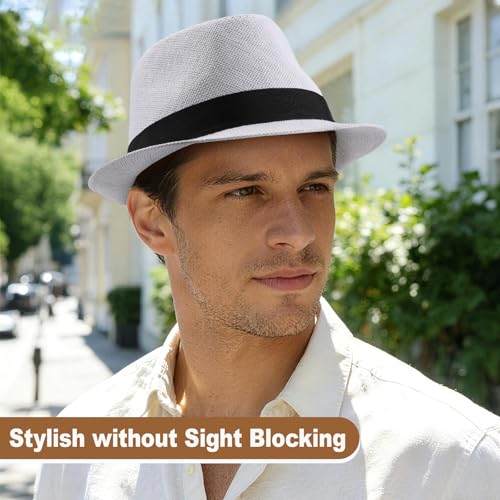 Straw Fedora Hats for Men Women, 1920s Short Brim Trilby Panama Hat Summer Beach Sun Cap - color: White