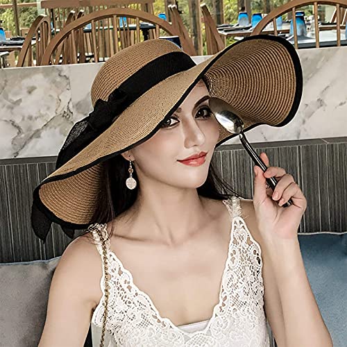 FSIGOM Women's Folable Floppy Hat,Wide Brim Sun Protection Straw Hat, Summer UV Protection Beach Cap - color: Beige/Black, size: Large