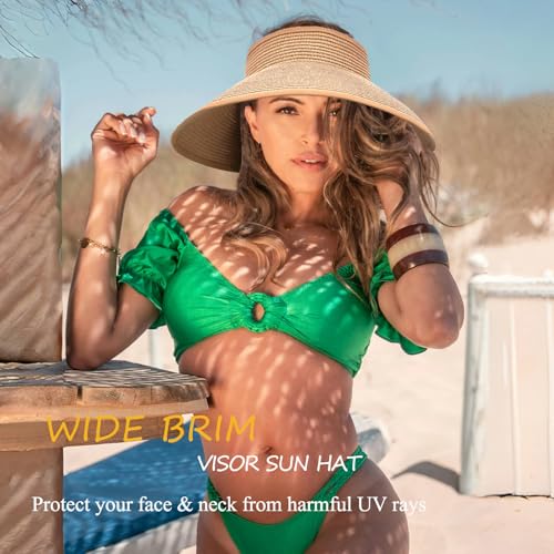 Women's Sun Visor Hats Wide Brim Straw Beach Hat Ponytail Hats for Women Foldable Floppy - color: 1pack-khaki-coolingsleeves