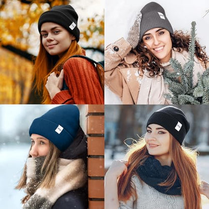 FEQO 4 Pack Satin Lined Winter Beanie Hats Soft Silk Lined Beanies - color: Oatmeal, Blue, Dark Gray, Black
