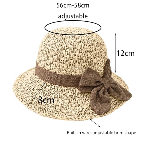 Beach Straw Sun Hat for Women French Foldable Summer Beach Wide Brim Hat Travel Straw Fedora Hat - color: Beige