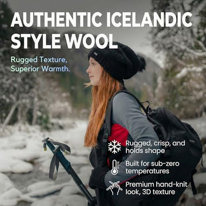 TOP-EX Icelandic Wool Slouchy Beanie for Women Silk Satin Lined with Faux Fur Pom Chunky Knit Warm Womens Winter Hat for Cold Weather Red