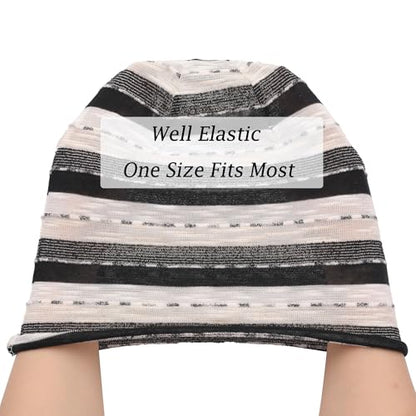 ZLYC Cotton Thin Slouchy Beanie Hat for Men Women Stretch Skull Cap - color: Stripes Black, size: One Size