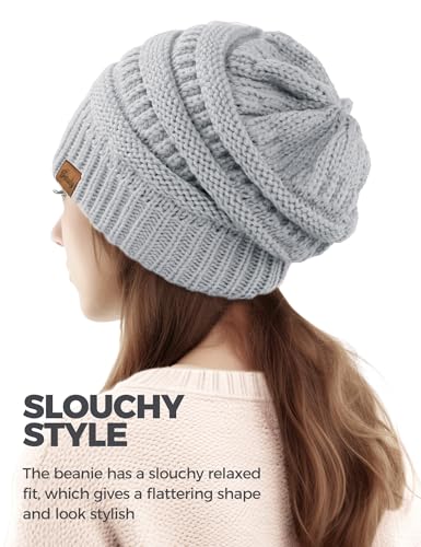 Slouchy Beanies for Women Cable Knit Winter Hats Ladies Gifts Chunky Skull Cap Thick Warm Stocking Caps for Cold Weather - color: Light Grey