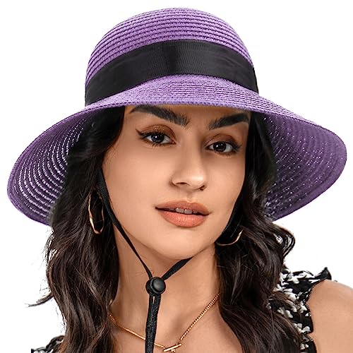 Sun Straw Hat for Women with Wind Lanyard Wide Brim Foldable Beach Summer Hats Womens UV 50+ Protection Bowknot Cap - color: Light Purple