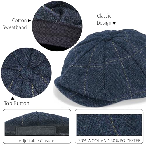 Mens Newsboy Cap High Woolen Tweed Gatsby Hat Ivy Cabbie Flat Golf Cap for Fathers Women Unisex - color: Herringbone Golden Plaid, size: 7-7 1/8