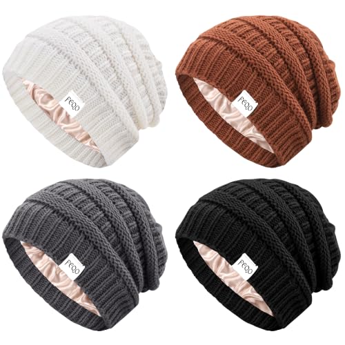FEQO 4 Pack Satin Lined Beanies Slouchy Beanie Oversized Cable Knit Caps - color: Black, White, Dark Gray, Khaki