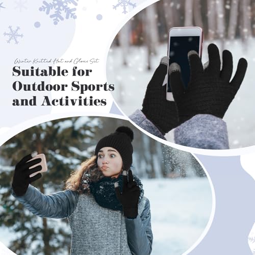 Womens Winter Fleece Lined Knitted Beanie Hat Glove Set, Warm Pom Pom Beanie Knit Cap Touchscreen Gloves for Women - color: Black