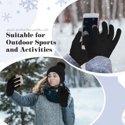 Womens Winter Fleece Lined Knitted Beanie Hat Glove Set, Warm Pom Pom Beanie Knit Cap Touchscreen Gloves for Women - color: Black