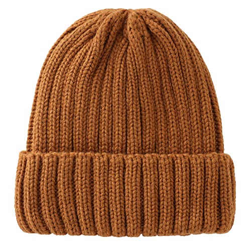 Connectyle Women's Rib Knit Cuffed Beanie Hat Stretch Acrylic Winter Hat Thick Warm Snow Ski Cap - color: Brown