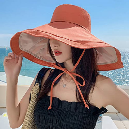 HUAMULAN Women Summer Vacation Wide Brim Sun Hat Reversible Fishing Hats - color: Orangebeige