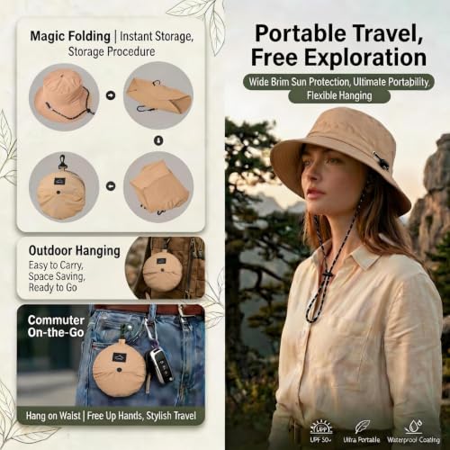 Honnesserry Bucket Hats for Woman Men Outdoor UV Sun Protection Hat Nylon - color: Khaki