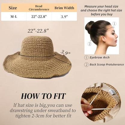 Floppy Big Beach Straw Hats for Women Foldable Summer Wide Brim Packable Sun Hat Womens Travel Straw Fedora Hat - color: Khaki-4
