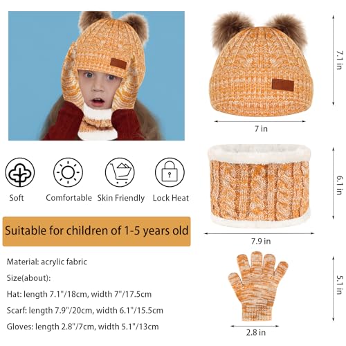 Kids Winter Beanie Hat Scarf Gloves Set,Toddlers Knit Winter Warm Double Pompom Cap Scarf Gloves for Girls Boys 1-5 Years Old - color: Yellow Mix