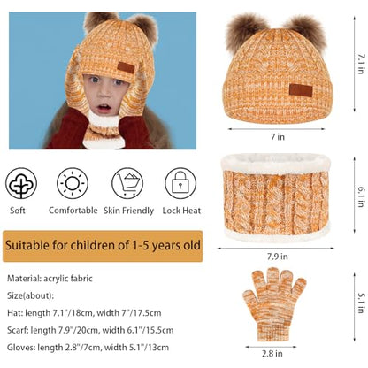 Kids Winter Beanie Hat Scarf Gloves Set,Toddlers Knit Winter Warm Double Pompom Cap Scarf Gloves for Girls Boys 1-5 Years Old - color: Yellow Mix