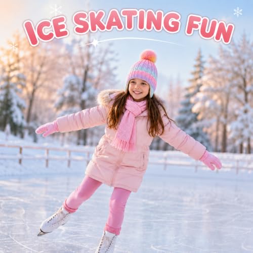 Girls Rainbow Earflap Beanie, Kids Pom Pom Knit Winter Ski Hat Ages 3-8 - color: Pompom - Multicolor