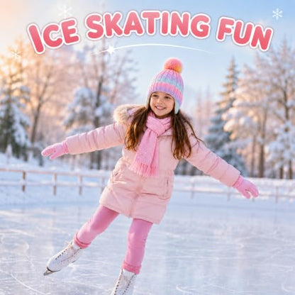 Girls Rainbow Earflap Beanie, Kids Pom Pom Knit Winter Ski Hat Ages 3-8 - color: Pompom - Multicolor